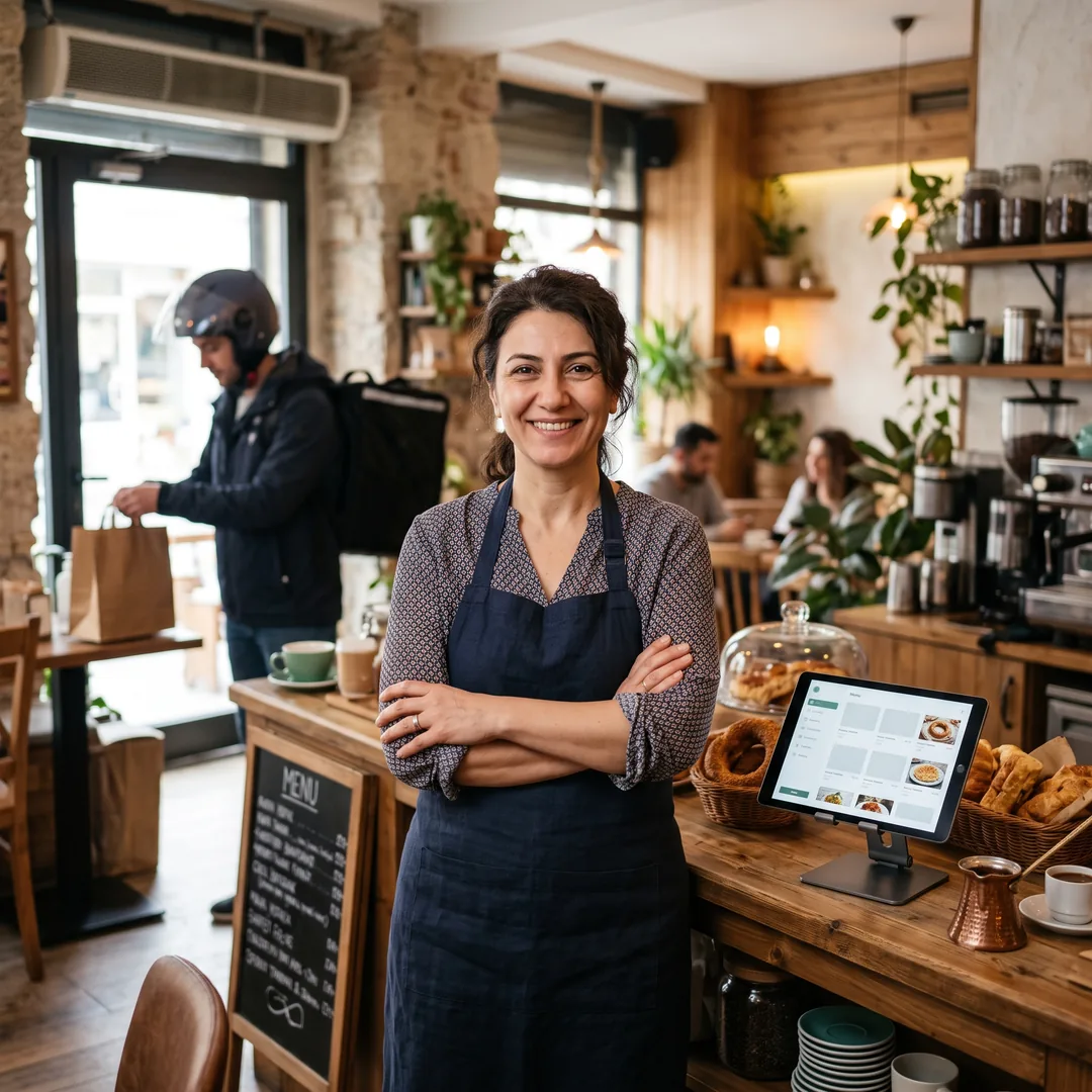 Kafesinde dijital menü tabletinin yanında duran işletme sahibi